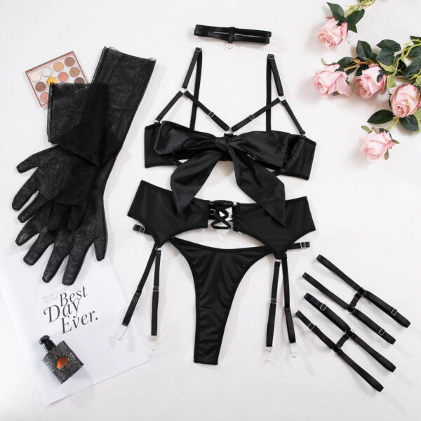 66d65c718a7a9b00 Sexy Black Open Breast Satin Bowknot Strappy Lingerie 6pcs Sets Open Bra And Back Open Panty Underwear Set Fancy Erotic Suit New