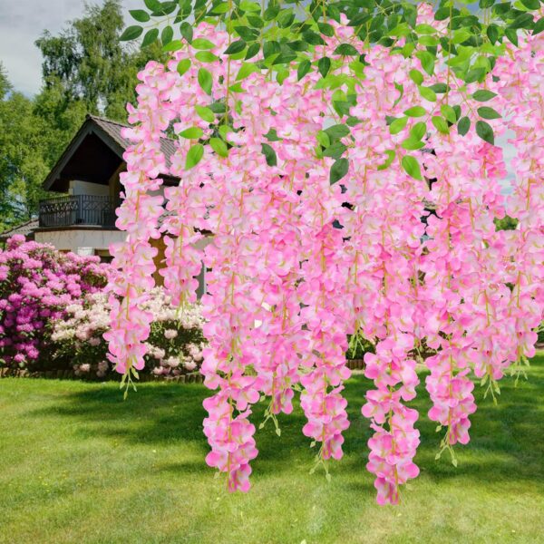 U'Artlines 12 Pack (Total 43.2 Feet) Artificial Fake Wisteria Vine Rattan Hanging Garland Silk Flowers String Home Party Wedding Decor (12, Pink)