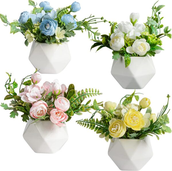 XONOR Artificial Flowers - Set of 4 Mini Fake Potted Silk Daisy Flowers for Home Decor Wedding Office Tabletop Decoration
