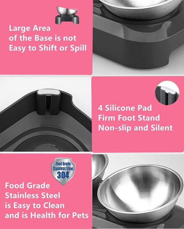 Raised Cat Bowl with Stainless Steel, Non-Slip Silicone Mat & Raised Cat Feeder with 15° & 0° Tilting Neck Protective Bowl for Pets, Cats Food and Water Feeding