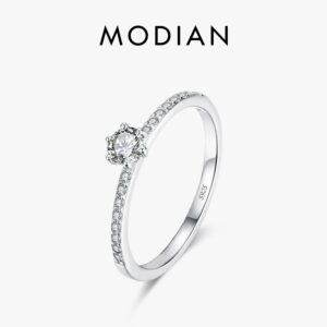 Modian Solid 925 Sterling Silver Simple Round Clear CZ Finger Rings For Women & Girls Cassic Wedding Statement Fine Jewelry Gift