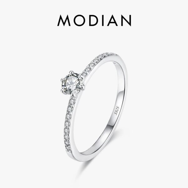 Modian Solid 925 Sterling Silver Simple Round Clear CZ Finger Rings For Women & Girls Cassic Wedding Statement Fine Jewelry Gift