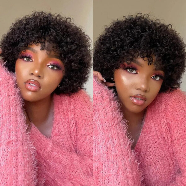 678ef0d252640245 Pixie Short Afro Bob Human With Bangs For Women Brazilian Remy Hair Wear and Go Natural Brown Kinky Curly Wigs