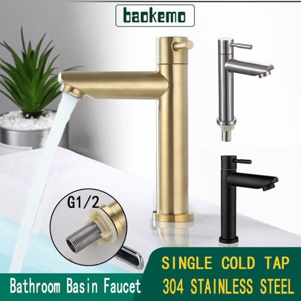 BAOKEMO 1/2Inch 304 Stainless Steel Single Cold Water Tap Gold Black Sier Color Deck Mounted Basin Sink Faucet