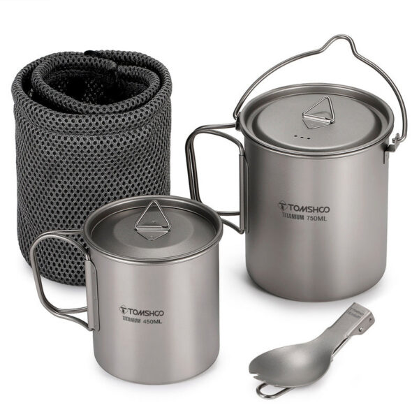 67e68874100f2a0a Tomshoo 3 PCS Titanium Cookware Set Ultralight 750ml Pot 450ml Water Cup Mug w Lid Folding Spork for Outdoor Camping Backpacking