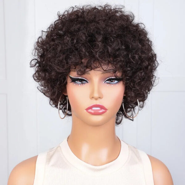 67f197435d4b96ab Pixie Short Afro Bob Human With Bangs For Women Brazilian Remy Hair Wear and Go Natural Brown Kinky Curly Wigs