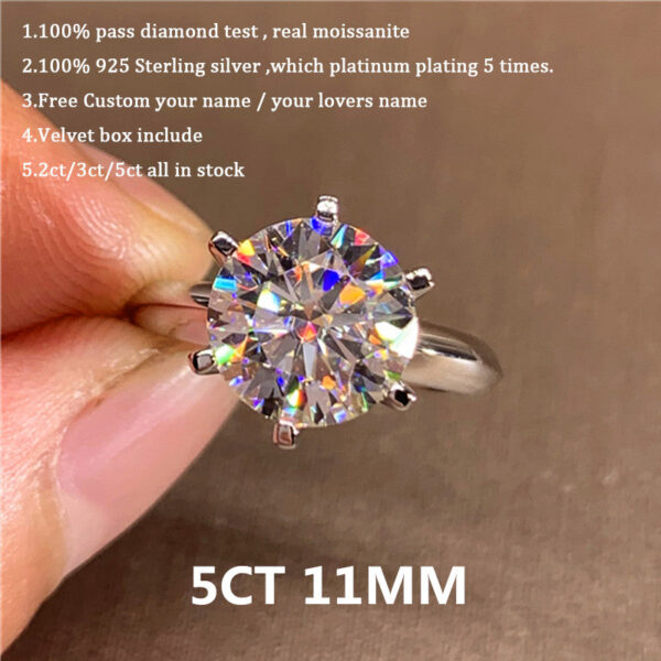 Classic 6 Prongs 5 Carat Round Moissanite Ring Sterling Sier Plated 14K Gold High Clarity D Color Diamond Rings Woman Jewelry