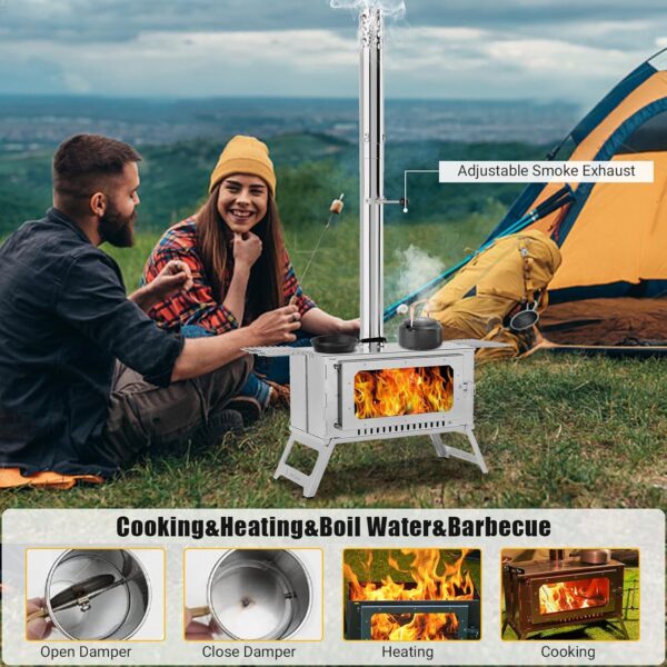 Portable Hot Tent Stove,Wood Burning Stove for Camping, Tent Stove With View Glass, Large Stainless Steel Camping Stove With 5 Chimney Pipes for Outdoor Heating and Cooking