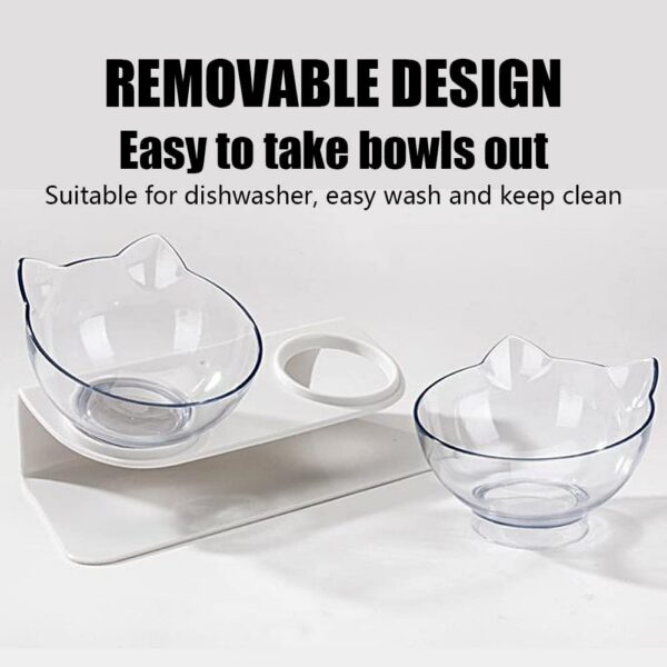 Raised Cat Bowl with Stand, 15° Tilted Cat Bowls for Kittens Elevated Cat Bowl Anti Vomiting Double Cat Bowls Plastic Transparent Cat Feeding Bowl