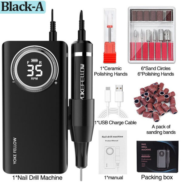 YOKEFELLOW Professional Drill hine Kit 35000RPM Rechargeable Portable Electric Nail File for Manicure Acrylic Gel Nails