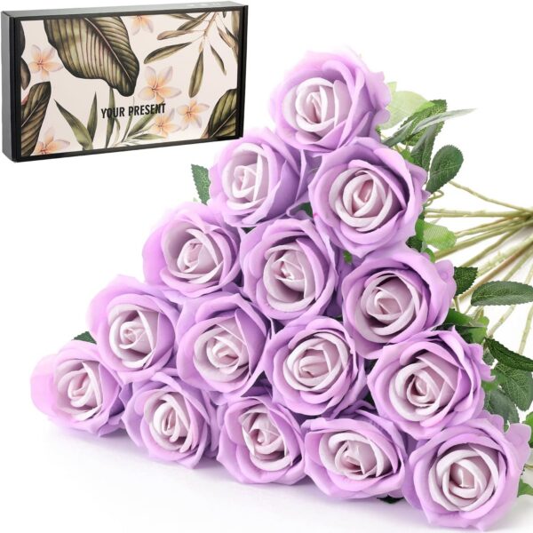 15Pcs Artificial Roses Velet Real Touch Single Stem Fake Roses Silk Realistic Bouquet Flowers Arrangements Home Office Garden Grave Party Wedding Decoration(Light Pink-15p, Blossom Roses)