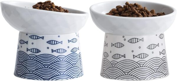 697fbde7edcf595e TAMAYKIM Tilted Ceramic Raised Cat Bowls, 8 OZ Food and Water Bowls Set for Kitty, Porcelain Elevated Stress Free Feeding Pet Dish, Dishwasher and Microwave Safe, 2 Pack (White & Grey)