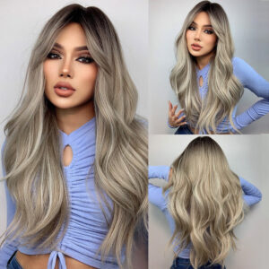 Brown Blonde Ombre Natural Hair Long Wavy With Dark Roots Synthetic Wig for Women Heat Resistant Coaplay Wigs