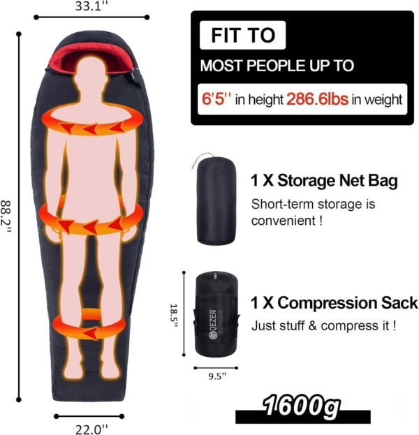 QEZER Winter Sleeping Bag for Adults,Lightweight Down Sleeping Bag [1260g/1560g ] 0°C bis -20°C for 4 Season Backpacking,Hiking,Camping and Mountaineering Outdoor with 660 FP Duck Down