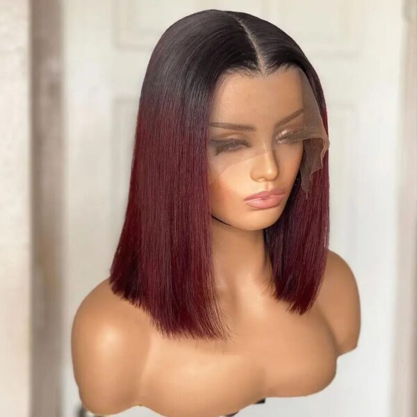 1B/99J Bury Short Straight Bob Brazilian Front Human Pre Plucked T Part Lace Wigs Remy Hair
