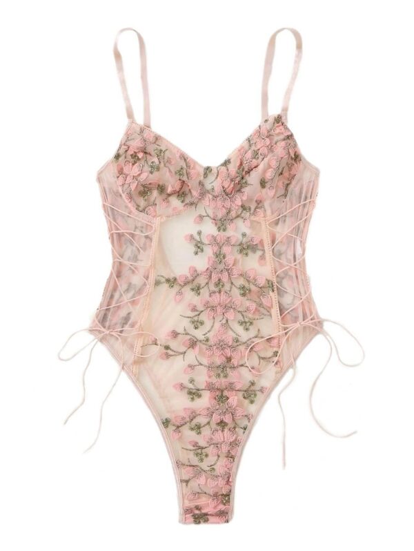 6a6cad2bb850436e Lilosy Women Sexy Lace Up Floral Embroidered Teddy Lingerie Bodysuit Top Mesh Sheer One Piece