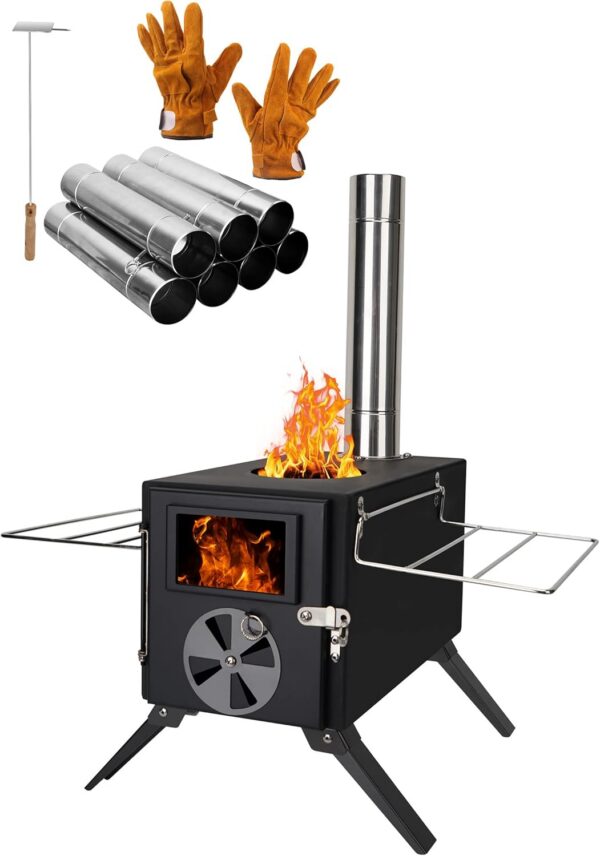 LAMA Tent Camping Stove, Portable Folding Stainless Steel Wood Stove with Chimneys and Gloves, Wood Burner for Tents, Hiking, Cooking, Heating, Camping, Silverwhite