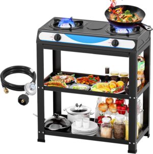 6b02519f52e04cb7 2 Burner Propane Gas Stove,19000BTU Portable Gas Stove with Support Leg Stand and Adapter Auto Ignition Camping Stove,propane burner for RV, Apartment, Outdoor Cooking