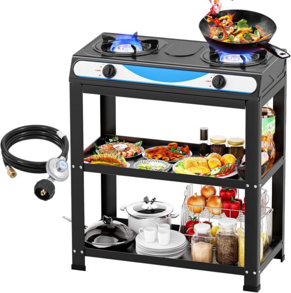 6b02519f52e04cb7 2 Burner Propane Gas Stove,19000BTU Portable Gas Stove with Support Leg Stand and Adapter Auto Ignition Camping Stove,propane burner for RV, Apartment, Outdoor Cooking