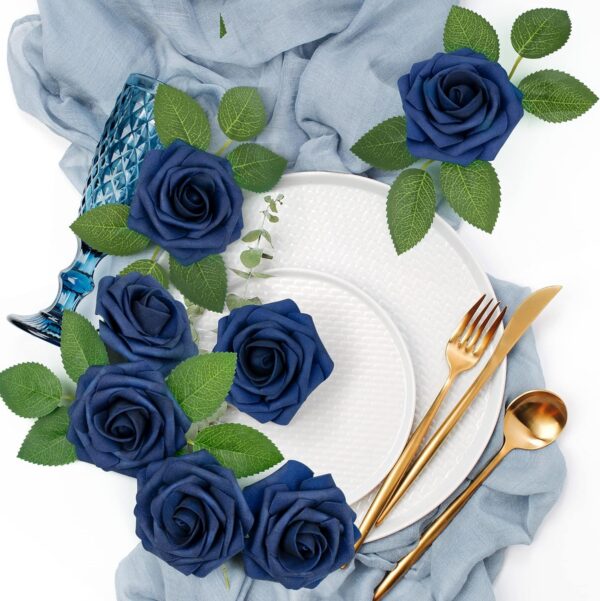 Mocoosy 50Pcs Roses Artificial Flowers, Navy Blue Fake Roses for Decorations, Real Touch Foam Rose with Stems Bulk for DIY Wedding Bouquets Centerpieces Arrangements Valentine's Day Party Home Decor