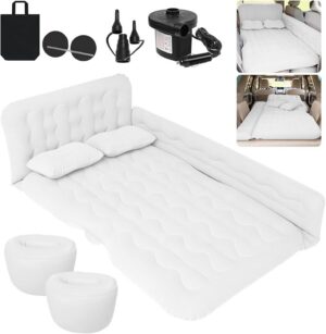 Car Bed SUV Air Mattress, Car Air Mattress with Electric Air Pump, 2 Inflatable Pillows and 2 Footrests for Back Seat, Trunk Sleeping - Upgraded -Thickened Camping,White