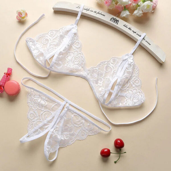 6b9c0a4e365300da Sexy Lace-up Lingerie Set Women Hot Exotic Open Crotch Transparent Underwear G-string Bandage Bikini Three-point Set
