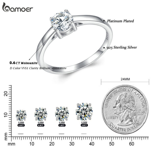 Bamoer D Color VVS1 EX Ring Round Moissanite Diamond for Women Sterling Sier Engagement Wedding Band MSR005