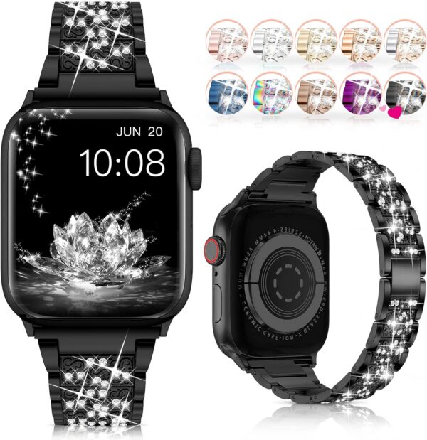 LELONG Compatible with Apple Watch Band 38mm 40mm 41mm Series 9 Series 8 7 6 5 4 3 2 1 SE Ultra, Bling Replacement Bracelet iWatch Band, Diamond Rhinestone Stainless Steel Metal Wristband Strap