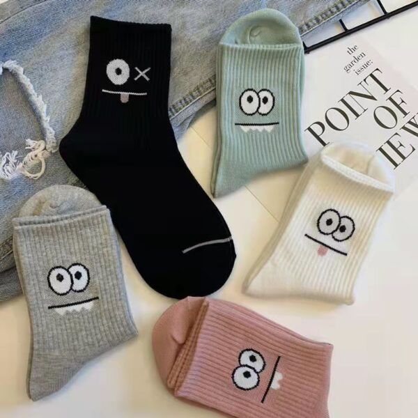 5 Pairs Cute Expression Print Comfy Funny All-match Mid Tube Socks, Women's Stockings & Hosiery