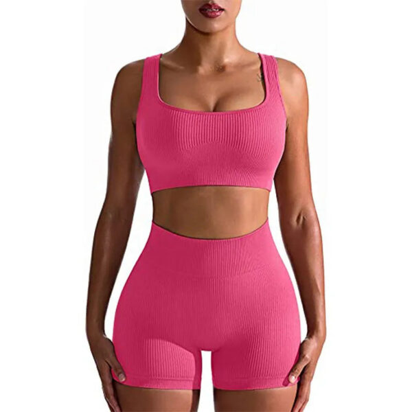 Seamless Yoga Workout Sets for Women 2 Pieces Gym Suits Ribbed Crop Tank High Waist Shorts Outfits Fiess Running