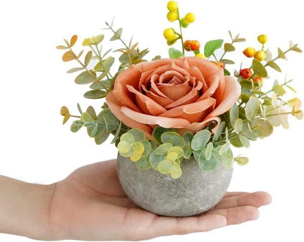 Artificial Flowers Kit with Pot, Combination of Fake Silk Orange Roses and Greenery,Small Plant Potted Decor for Offices,Bookshelf,Bedroom, Living Room,Party,Wedding Decorations…