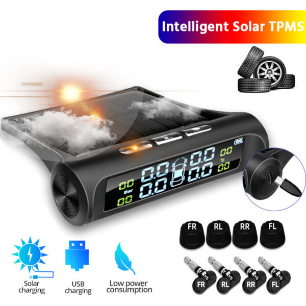 Smart TPMS Car Tire Alarm Monitor System 4 Sensors Display Solar Intelligent Tyre Pressure Temperature Warning