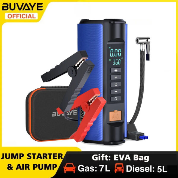 BUVAYE Car Jump Starter Pump Outdoor Power Lamp Portable Air Compressor Multifunctional Tire Iator with EVA Bag