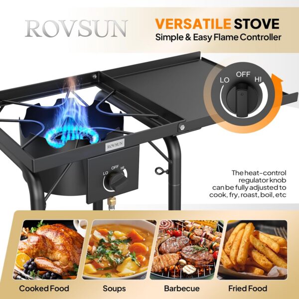 6c86216319d6e26a ROVSUN Single Burner Gas Stove with Side Shelf, 100,000BTU Portable Propane Stove with Removable Leg & Regulator for Camping Home Backyard Outdoor Cooking Brewing Canning Turkey Frying