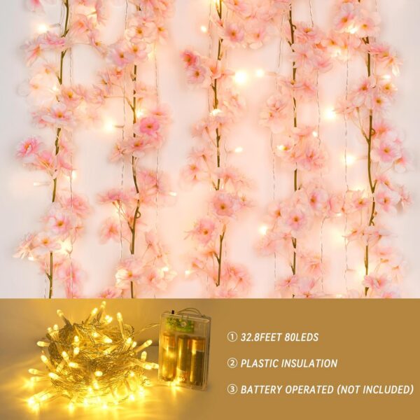 Sunm Boutique 8-Pack 47.2 Ft Artificial Cherry Blossom Garland Cherry Blossom Hanging Vine with 65.6 Ft Long 160 LED String Lights Silk Sakura Vines Garland for Wedding Party Home Decor, Pink