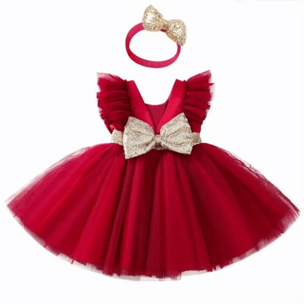 Baby Summer Flying Sleeves Mesh Open Back Bow Princess Girl Birthday Party Elegant Evening Dress