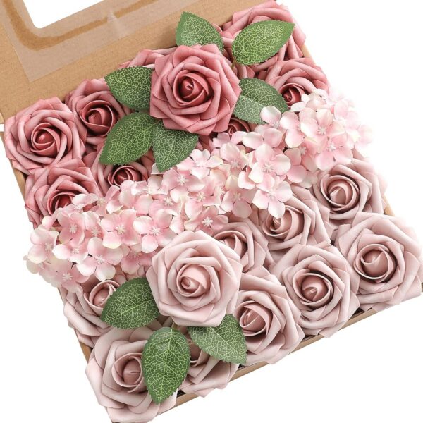 YYHUAWU Artificial Flowers Combo Box Set Gradient Color Flower Leaf with Stems for DIY Wedding Bouquets Centerpieces Baby Shower Party Home Decorations Peach