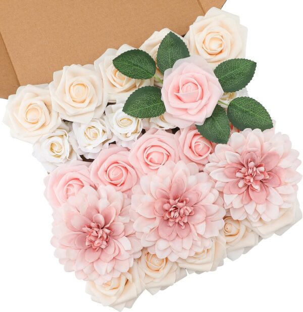 6df7e6313e1ae32d Floweroyal Artificial Flowers Combo Dusty Blue Flowers Mix Silk Flowers Dahlia Roses with Stems for DIY Wedding Bridal Bouquets, Baby Shower, Floral Arrangement, Table Centerpieces, Home Decorations.