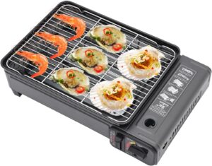 LENDISIY Tragbarer Gasgrill Camping, Tischgrill Gas, Outdoor Gaskocher mit Backblech and Grillnetz, für Camping, Reisen, Trekking und Kochen im Freien