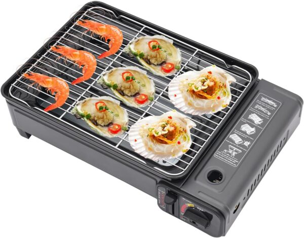 LENDISIY Tragbarer Gasgrill Camping, Tischgrill Gas, Outdoor Gaskocher mit Backblech and Grillnetz, für Camping, Reisen, Trekking und Kochen im Freien