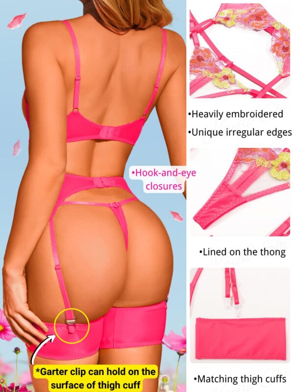 6e0b7d896af21e67 Kaei&Shi Floral Embroidered, Underwire, G-String, Garter Belt, 4 Pieces Lingerie