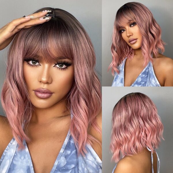 Women Grey Wavy Bob Wigs Bangs Short Blonde Ombre Synthetic Wig With with Dark Roots Natural Hair for Daily Use