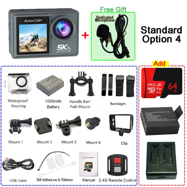 6e3906c97faede4f 5K 4K60FPS Action Camera Dual IPS Touch LCD EIS 170° DVR 30M Waterproof 5X Zoom Sport Camera With Wireless Mic & Pre Recording