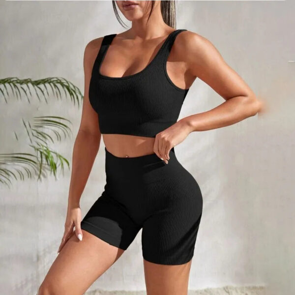Seamless Yoga Workout Sets for Women 2 Pieces Gym Suits Ribbed Crop Tank High Waist Shorts Outfits Fiess Running