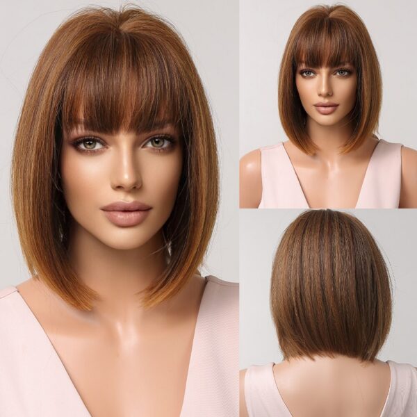 Brown Blonde Ombre Short Bob Wigs for Women Cosplay Synthetic with Bangs Dark Roots Gray Natural Hair Wig Heat Resistant