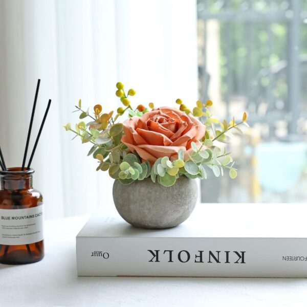 Artificial Flowers Kit with Pot, Combination of Fake Silk Orange Roses and Greenery,Small Plant Potted Decor for Offices,Bookshelf,Bedroom, Living Room,Party,Wedding Decorations…