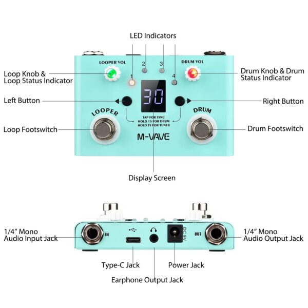 M-vave Lost Tempo Drum Machines & Looper Pedal Built-in 30 Drums 11 Mins Recoding Time High Precision Tuner Guitar Effect pedal