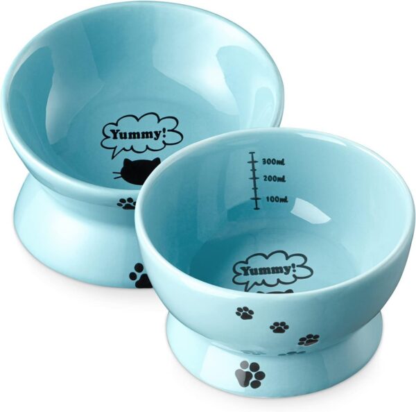 Y YHY Raised Cat Food Bowl Set, Ceramic, Tilted Elevated Bowls, 2 Bowls, 3.6 in & 3 in, White