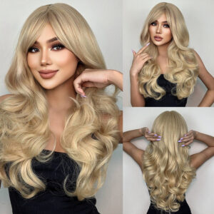 6f7b1547fe62a9e0 Natural Blonde Yellow Long Wavy Synthetic with Bangs Women Body Wave Afro Female Wigs Cosplay Daily Hair