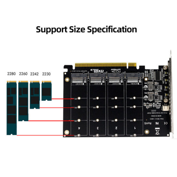 70753e5d2a8b67d0 4 Port M.2 NVME SSD To PCIE X16 Adapter Converter Support 2230/2242/2260/2280 Host Controller Expansion Card LED Indicator